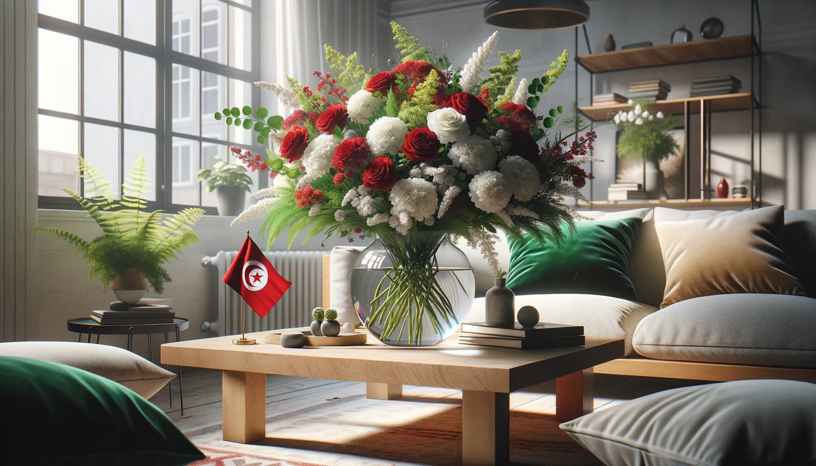 Envoyer des fleurs en Tunisie - bouquet de fleurs inspiré par les couleurs du drapeau de Tunisie